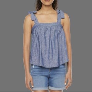 ANA Bow Tie Strap Coquette Blue Top Sz Med Linen Blend Romantic NWT